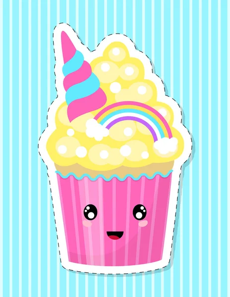 Cute Cartoon Cupcake Decorated Rainbow Unicorn Horn Isolated White Background — Stock Vector
