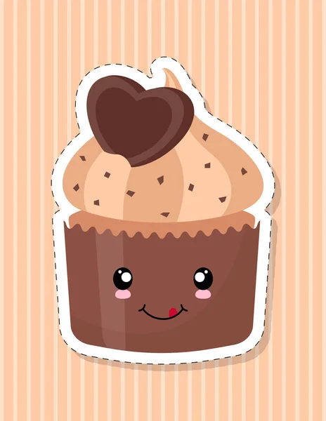Cute Cartoon Cupcake Kawaii Style Face Chocolate Cake Sticker Vector — Stock Vector