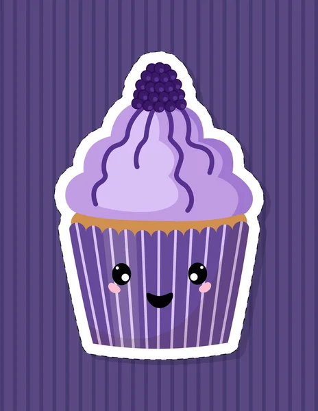 Cupcake Decorado Com Amora Bolo Com Rosto Estilo Kawaii Ilustração —  Vetores de Stock