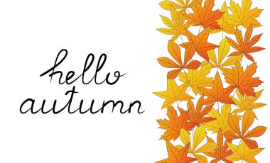 Merhaba sonbahar mektupları, beyaz arka planda izole edilmiş mesaj. Turuncu sonbahar yapraklarıyla süslenmiş pankart. Vektör illüstrasyonu.