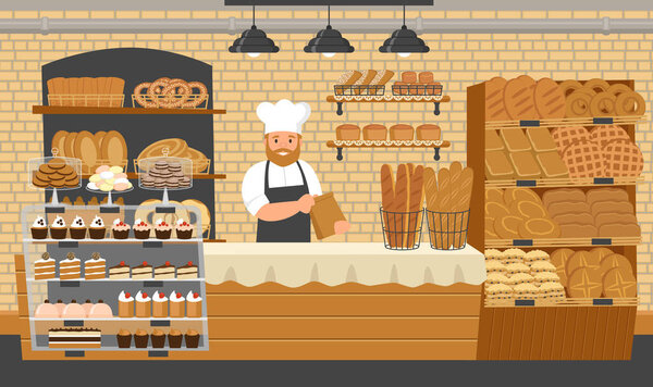 Bakery shop. Showcases with bread, buns and cakes. Baker. Cartoon style. Vector illustration.