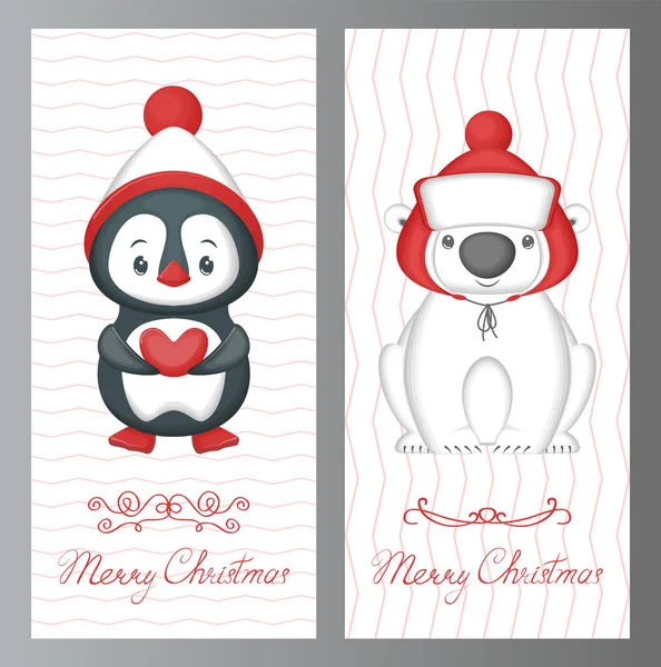 Feliz Natal Cartões Conjunto Saudação Bonitos Animais Engraçados Urso Polar — Vetor de Stock