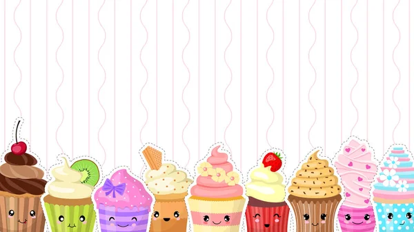 Cute Cartoon Cupcakes Faces Style Kawaii Background Template Banner Vector — Stock Vector