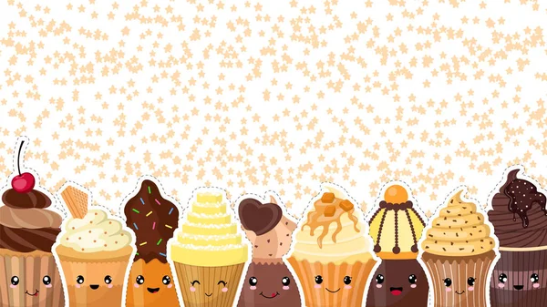 Background Decorated Cupcakes Cute Faces Style Kawaii Cartoon Style Vector — Stock Vector