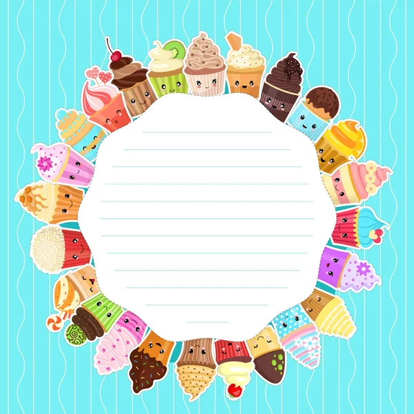 Frame Your Text Decorated Circle Cute Cartoon Cupcakes Vector Illustration — Stock Vector