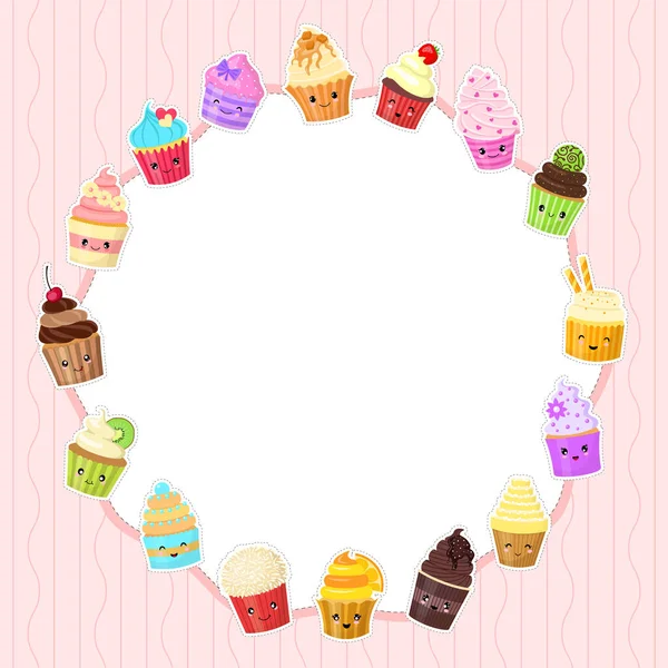 Frame Decorated Cute Cartoon Cupcakes Cakes Faces Style Kawaii Vector — Stock Vector