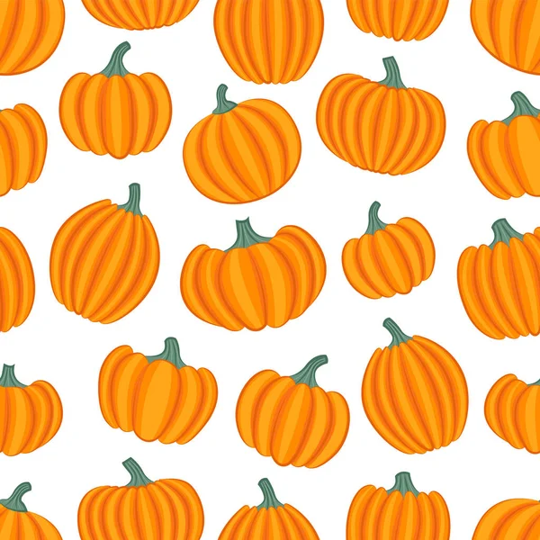 Bright Orange Pumpkins White Background Autumn Seamless Pattern Cartoon Style — Stock Vector