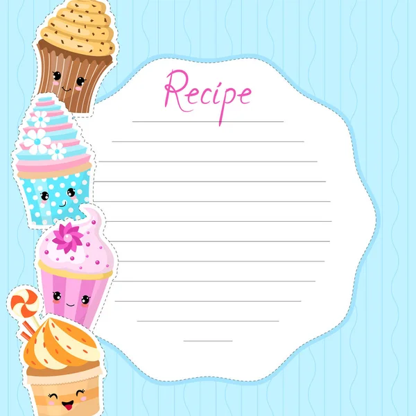 Banner Recipe Note Decorated Cute Cupcakes Faces Style Kawaii Vector — Stock Vector