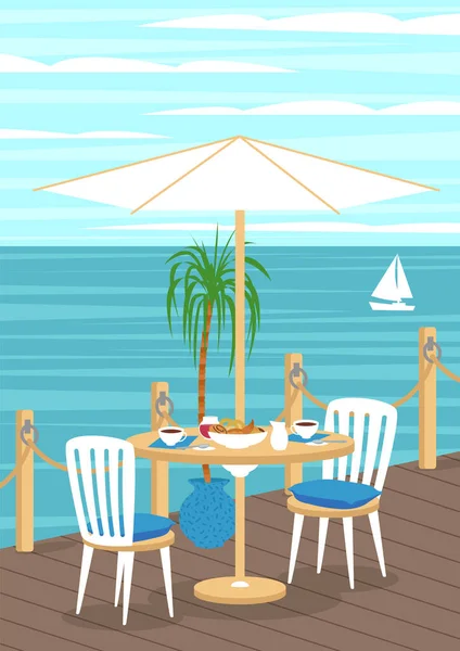 Śniadanie Kawiarni Widokiem Morze Drewniane Molo Ogrodzeniem Linowym Wakacje Ilustracja — Wektor stockowy