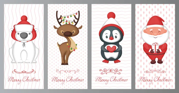 Feliz Natal Cartões Conjunto Saudação Personagens Desenhos Animados Bonitos Fundo — Vetor de Stock