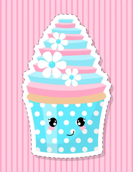 Cupcake Decorated Sugar Flowers Cake Character Style Kawaii Vector Illustration — Stock Vector