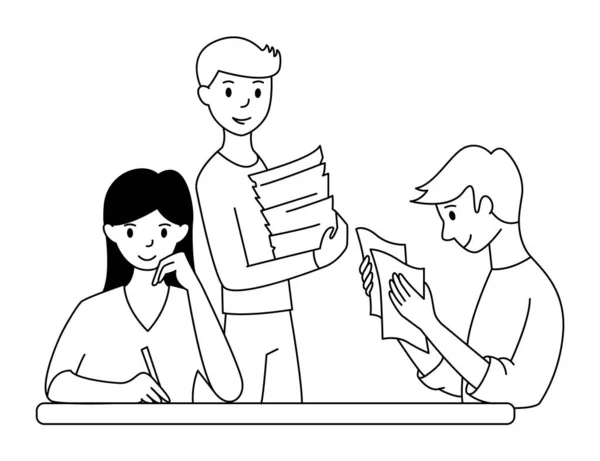 Werken Met Papieren Het Kantoor Teamwork Concept Papierwerk Cartoon Stijl — Stockvector