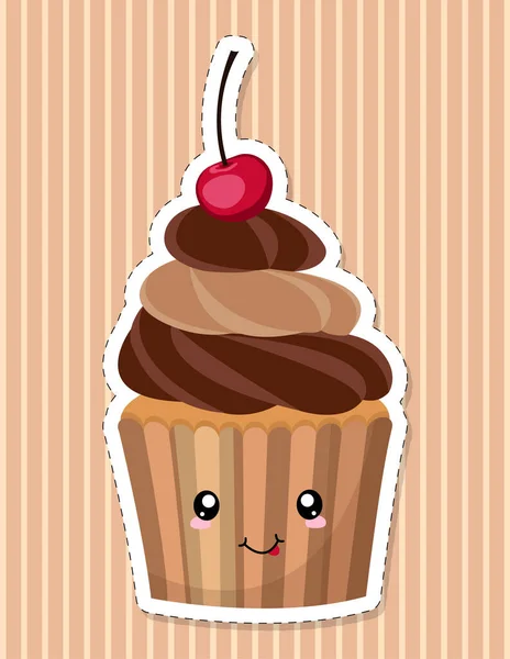 Bonito Personagem Cupcake Kawaii Bolo Chocolate Decorado Com Chantilly Cereja — Vetor de Stock