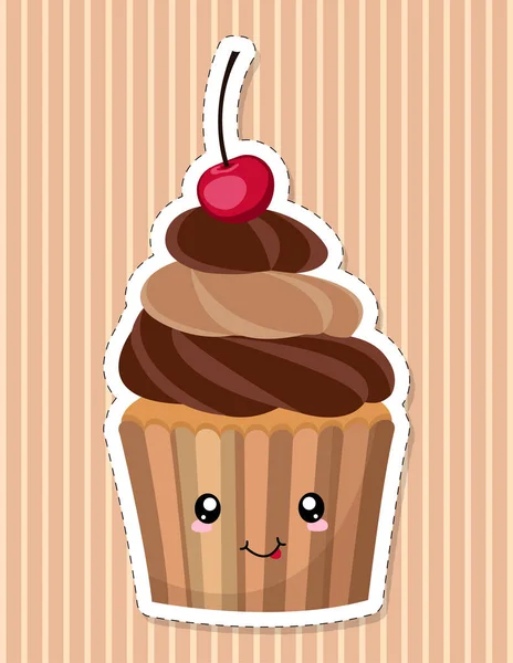 Cute Kawaii Cupcake Character Chocolate Cake Decorated Whipped Cream Cherry — Stock Vector