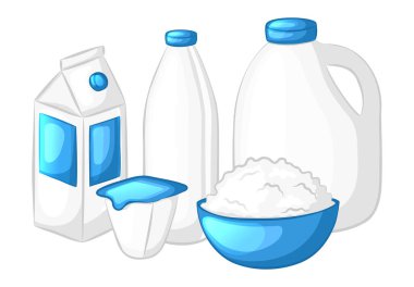 Süt ve süt ürünleri. Beyaz arka planda izole edilmiş. Çizgi film tasarımı. Vektör illüstrasyonu.