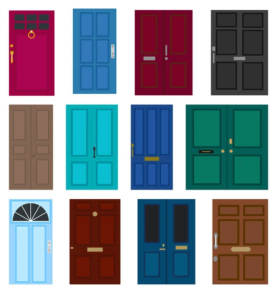 Set Entrance Doors Isolated White Background Flat Design Vector Illustration — Stock Vector
