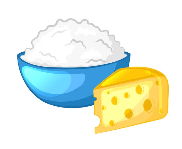 Mavi Kasede Yapımı Süzme Peynir Bir Parça Peynir Beyaz Arka — Stok Vektör