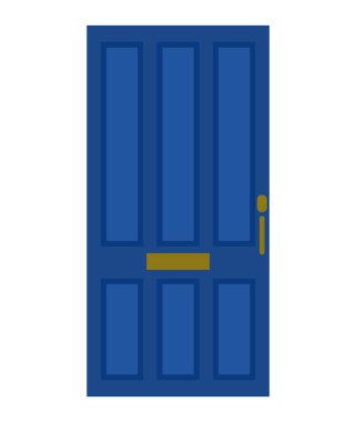 Mavi kapalı ön kapı. Beyaz bir arka planda izole edilmiş. Düz dizayn. Vektör illüstrasyonu.