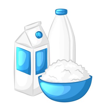 Süt ve süzme peynir. Doğal tarım süt ürünleri. Beyaz bir arka planda izole edilmiş. Çizgi film tarzı. Vektör illüstrasyonu.