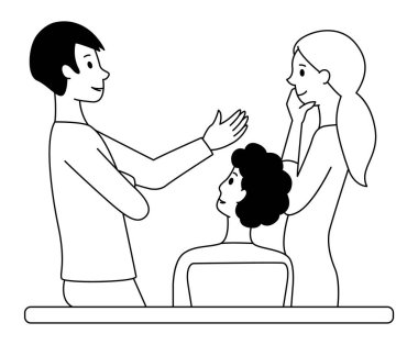 İnsanlar iş stratejisini tartışıyor. Ofiste takım çalışması. Buluşma ve planlama. Siyah özet. Vektör illüstrasyonu.