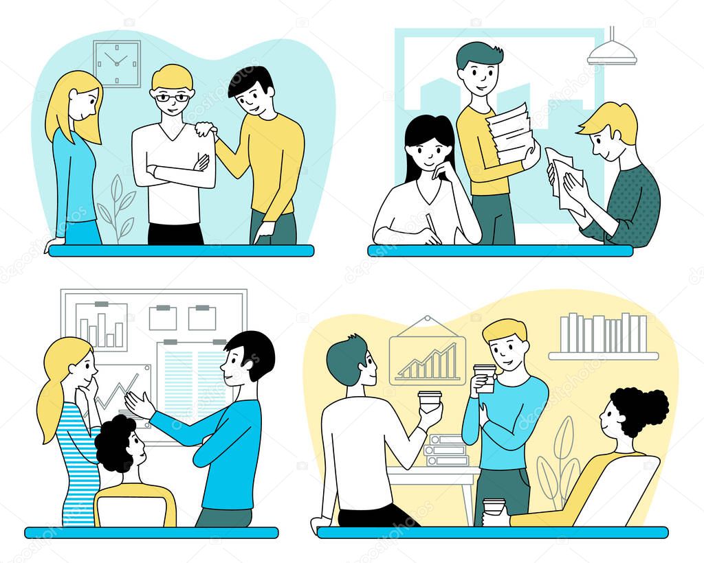 Set of teamwork concepts. Men and women work in the office. Black outline vector illustration.
