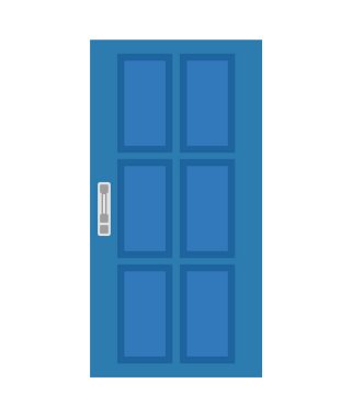 Mavi kapalı ön kapı. Beyaz bir arka planda izole edilmiş. Düz dizayn. Vektör illüstrasyonu