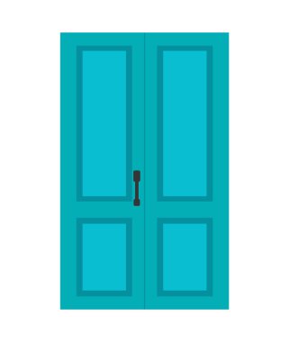 Mavi kapalı ön kapı. Beyaz bir arka planda izole edilmiş. Düz dizayn. Vektör illüstrasyonu.