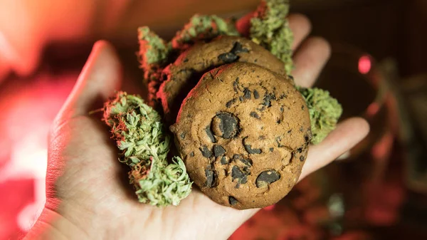 Culinaire producten van marihuana. Cookies van cannabis close-up bakken. — Stockfoto