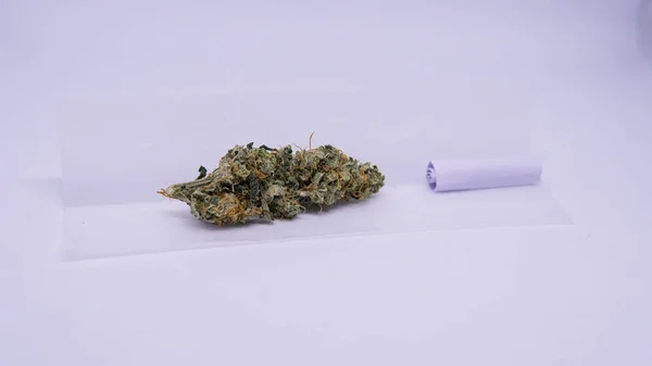 Roterende plastic grinder met marihuana knoppen binnen. Rokersaccessoires — Stockfoto