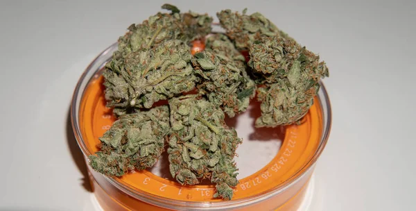 Groot vol op trichomen marihuana toppen op de witte achtergrond close-up. — Stockfoto