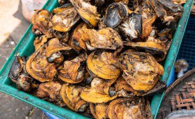 Asya pazarlarında deniz ürünleri satıyorum. Deniz yengeçleri ve satılık çeşitli balıklar.