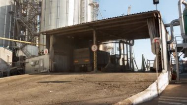 Asansör üzerinde yükselen hidrolik platform boşaltma boşaltma tahıl kamyonlara Timelapse. Tahıl büyük denizde aktarma limanı, terminal kırpar. Hızlı logictics kavramı.