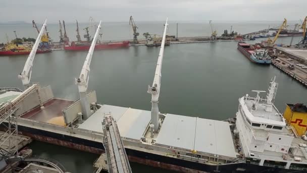 船の荷粒のパノラマは港のターミナルのサイロで貨物を保持しているを開くトランク経由でバルク貨物船にトリミングします。穀物は、船に積み替えを一括します。農産物の輸送. — ストック動画