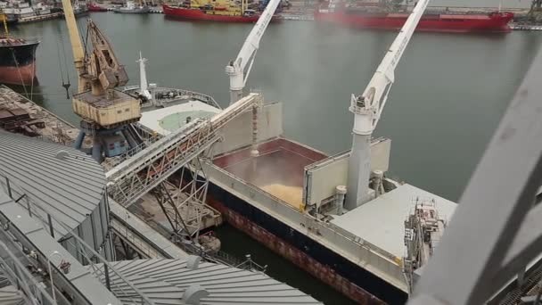 Panorama van schip laden van graan wordt bijgesneden op bulk vrachtschip via kofferbak openen lading behaalde van de silo terminal in zeehaven. Granen bulk overlading op vaartuig. Vervoer van landbouwproducten. — Stockvideo