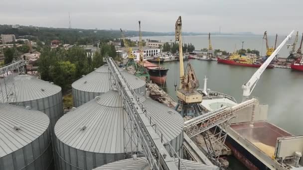 Timelapse of ship loading grain crops on bulk freighter via trunk to open cargo holds at silo terminal in seaport. Cereals bulk transshipment to vessel. Transportation of agricultural products. — Stock Video