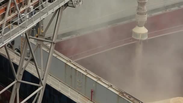 Nahaufnahme der Schiffsverladung von Getreide auf Massengütern über den Kofferraum zu offenen Frachträumen am Siloterminal im Seehafen. Getreide Massenumschlag auf Schiff. Transport landwirtschaftlicher Produkte. — Stockvideo