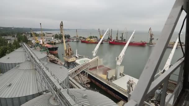 Panorama of ship loading grain crops on bulk freighter via trunk to open cargo holds at silo terminal in seaport. Cereals bulk transshipment to vessel. Transportation of agricultural products. — Stock Video