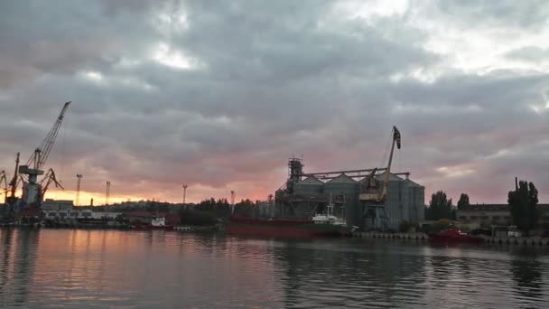 Panorama de terminal de grano grande en el puerto marítimo por la noche. Transbordo de cereales a granel al buque por la noche. Carga de cultivos de grano en el barco desde grandes ascensores en el amarradero. Transporte de productos agrícolas . — Vídeo de stock