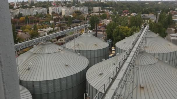 Modern grain terminal panorama. Metal tanks of elevator. Grain-drying complex construction. Commercial grain or seed silos at seaport. Steel storage for agricultural harvest. Clouds floating in sky. — Stock Video