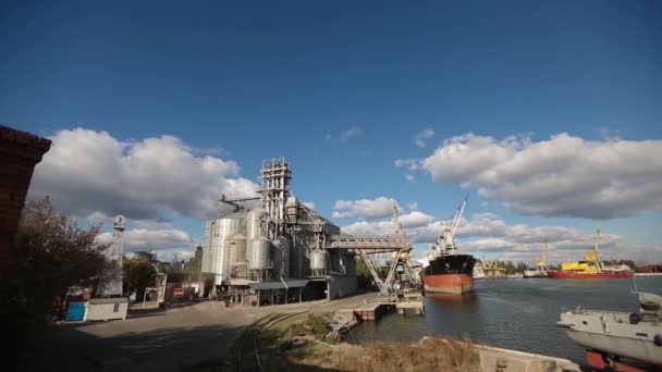 Panorama of grain terminal at seaport on sunny day. Cereals bulk transshipment to vessel loading grain crops on bulk ship from large elevators at the berth. Transportation of agricultural products. — Stock Video