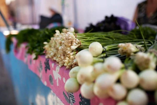 Display of fresh green and white onions and garlic. Fruits and vegetables at a farmers summer market. — Stock Photo, Image