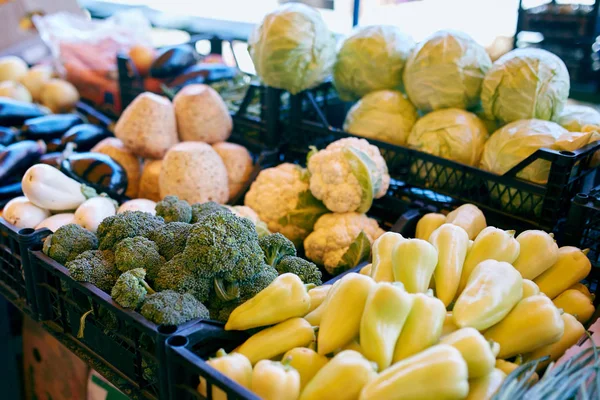 新鮮な有機野菜や地元の農家に販売の果物市場の屋外の夏します。健康的な有機食品のコンセプト. — ストック写真