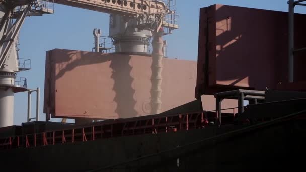 Nära panorama över fartygets lastning spannmålsskörden på bulk fraktfartyg via bål till öppna lastrum på silo terminal i seaport. Spannmål bulk omlastning till ett fartyg. Transport av jordbruksprodukter. — Stockvideo