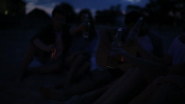 Beach party i solnedgången med brasa. Vänner sitter runt brasan och dricka öl och sjunger till gitarr. Unga män och kvinnor hålla glasflaskor med dryck singalong och hejar. — Stockvideo