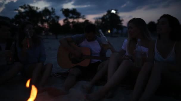 Strandparty bei Sonnenuntergang mit Lagerfeuer. Freunde sitzen am Lagerfeuer, trinken Bier und singen zur Gitarre. Junge Männer und Frauen halten Glasflaschen mit Getränken in der Hand und jubeln. — Stockvideo