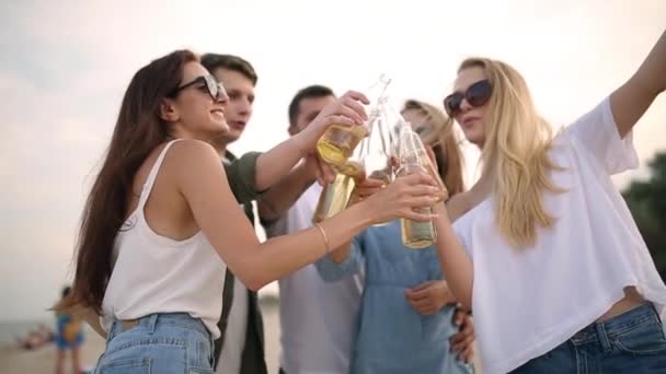 Group Friends Having Fun Enjoying Beverage Relaxing Beach Sunset Young — Stock Video