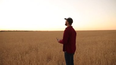 Quadcopter arka plan üzerinde uçan iken Çiftçi elleri ile uzaktan kumanda tutar. Buğday alanında bilimsel tarım uzmanı arkasında Uçak iner. Tarım yeni teknolojiler ve yenilikler. Arkadan görünüm