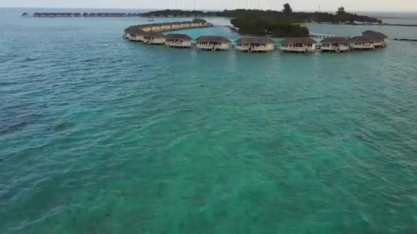 Luchtfoto van tropisch eiland resorthotel met witte zand palmbomen en turkooizen Indische Oceaan op Malediven — Stockvideo
