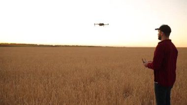 Quadcopter arka plan üzerinde uçan iken Çiftçi elleri ile uzaktan kumanda tutar. Buğday alanında bilimsel tarım uzmanı arkasında dron yükselir. Tarım yeni teknolojiler ve yenilikler. Arkadan görünüm