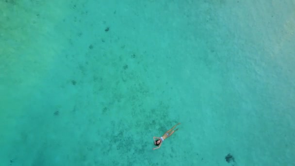Luftaufnahme einer attraktiven Frau im Bikini, die im kristallklaren Meer schwimmt. hübsches Mädchen schwimmt im Indischen Ozean
